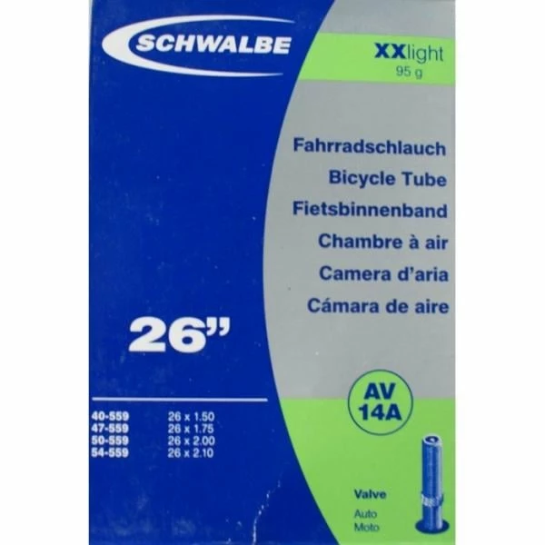 Chambre à Air SCHWALBE XX LIGHT AV 14A 26×1,50/2,10 Schrader 40 Mm 1 Chambre à Air SCHWALBE XX LIGHT AV 14A 26×1,50/2,10 Schrader 40 Mm